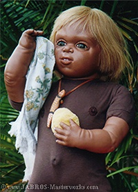 JABRO With Aboriginal Toddler Doll Looking at Viewer and Smiling