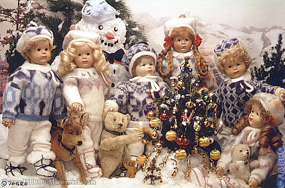 Artist dolls Christmas scene.